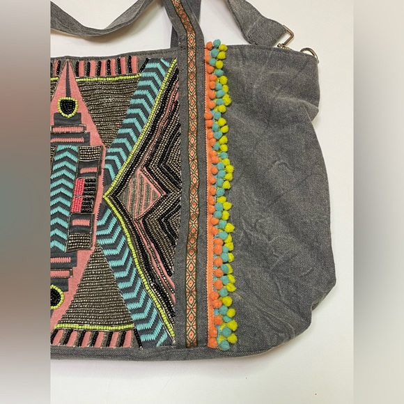 GARGOYLE EMBELLISHED GRAY HAND BEADED TOTE - Picture 2 of 7